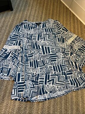 Alfani Navy & White Geometric Bell Sleeve Tunic